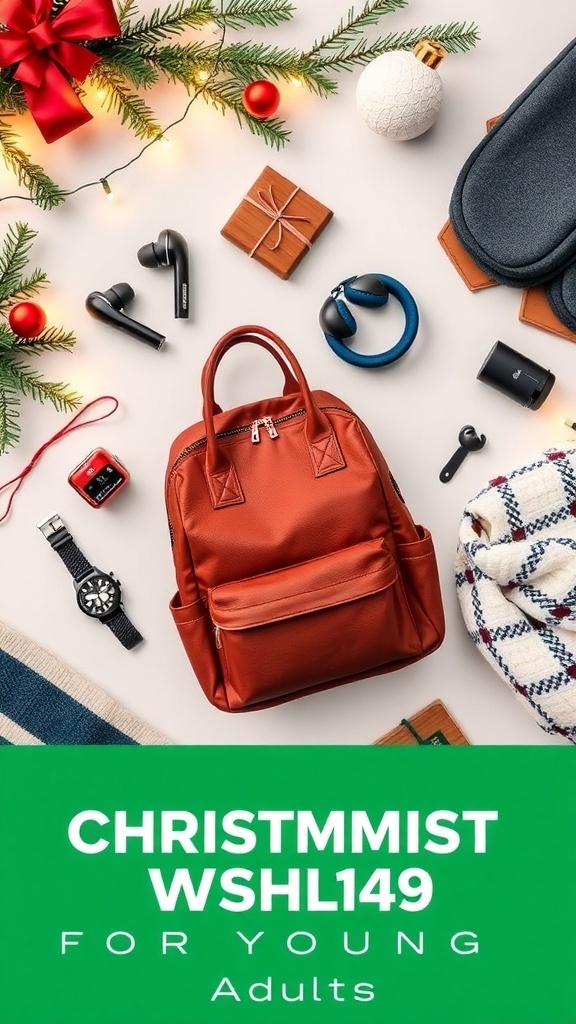 Christmas Wishlist Ideas for Young Adults Flat lay of Christmas wishlist items including earbuds, backpack, blanket, and watch with holiday decorations.